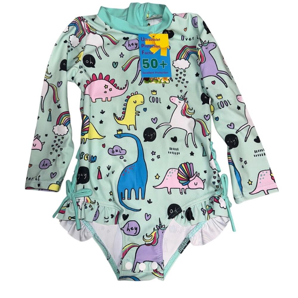 NWT Girls Swimsuit 50 UPF one piece sleeves ruffles bows Dinosaur Size 24 months